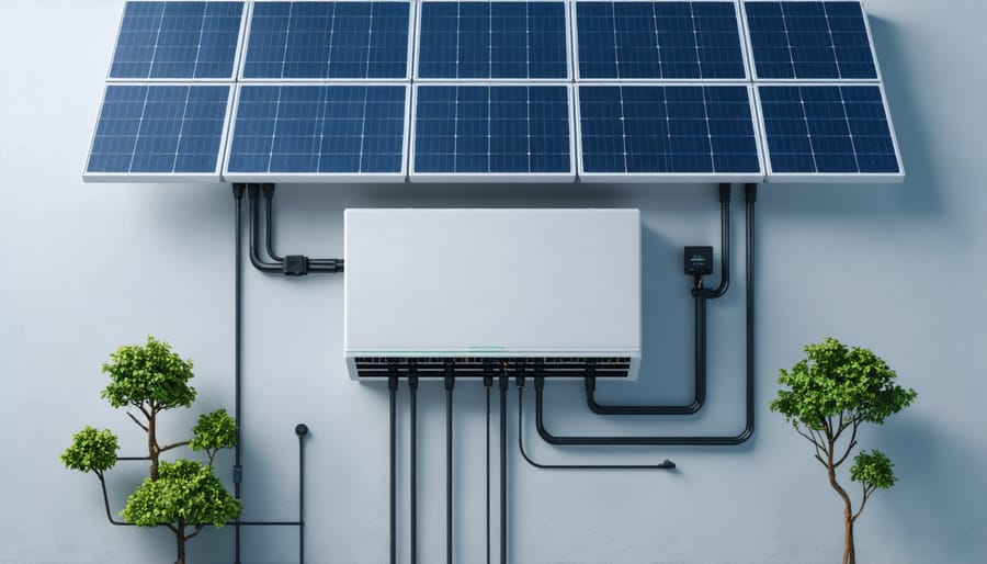 Grid-tied solar inverter and disconnect switch mounted on residential wall