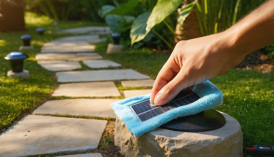 Hand wiping dust from a garden pathway solar light panel with a damp cloth at golden hour, with blurred foliage, stone border, additional lights, and a nearby screwdriver and AA battery in the background.