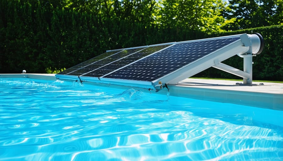 Heated swimming pool with steam rising from warm water on cool morning