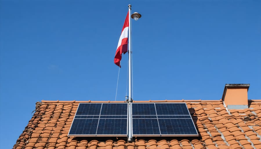 Homeowner installing solar light on top of telescoping flagpole