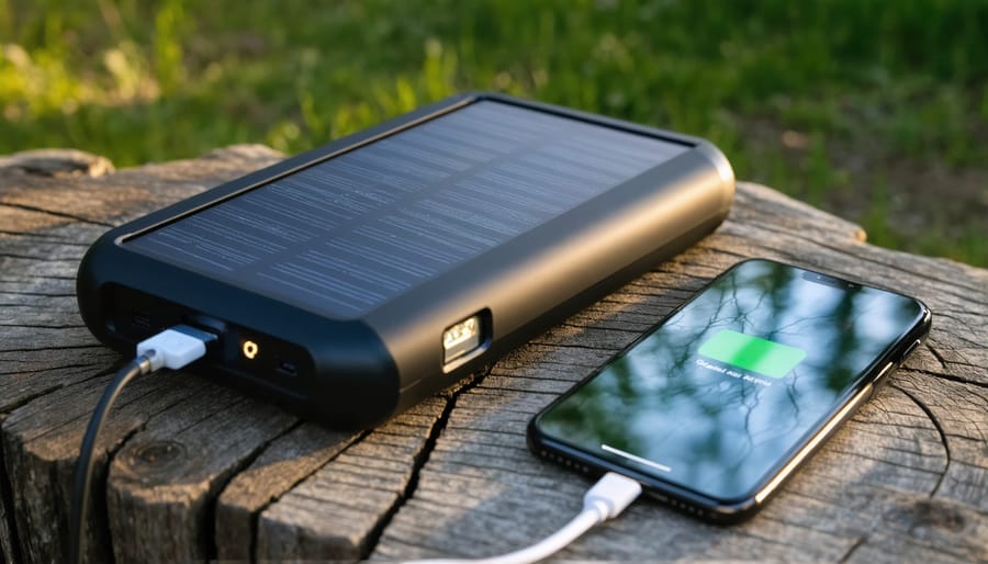 Close-up of iPhone lightning cable connected to portable battery bank with LED indicators