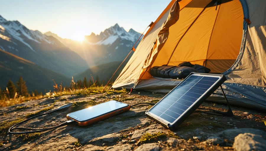 Smartphone connected to a power bank and folding solar panel at a mountain campsite, cables visible, with tent and alpine ridge softly blurred at golden hour.