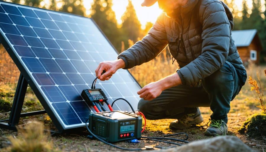 Person adjusting cables on a portable solar panel connected to a compact battery bank and charge controller outdoors at golden hour, with an off-grid cabin and pine trees softly blurred in the background.