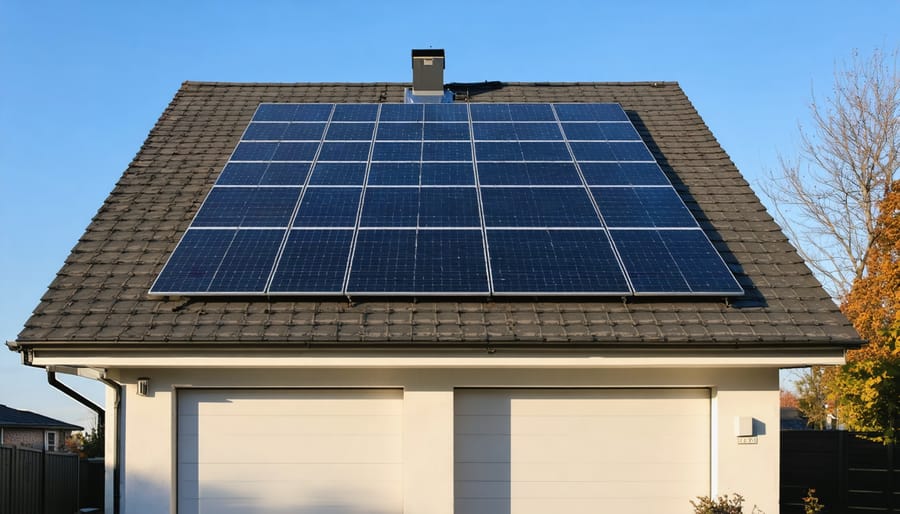 Modern suburban house with rooftop solar panels and an unbranded wall-mounted battery beside the garage at golden hour, with a quiet neighborhood and trees softly visible in the background.