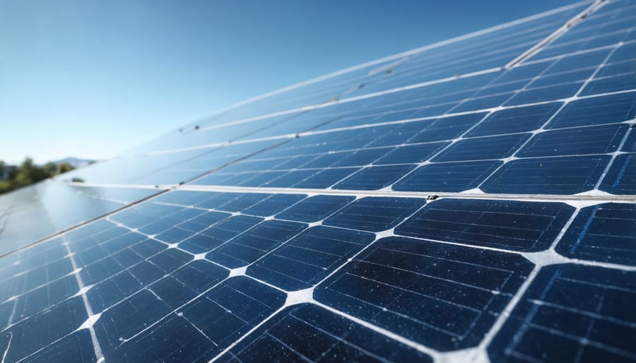 Close-up view of monocrystalline solar panels installed on residential rooftop showing cell detail