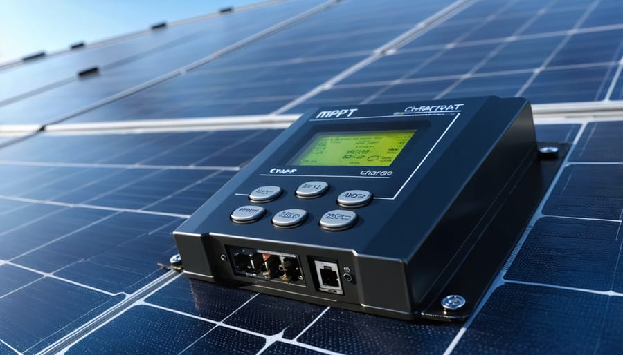 MPPT solar charge controller mounted on wall showing display screen and wire connections