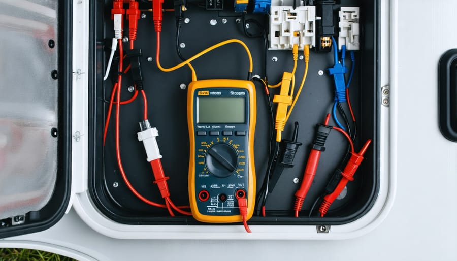 Multimeter testing voltage at RV electrical outlet for troubleshooting