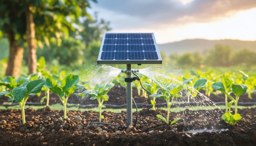 Off-grid homestead garden with solar panels and irrigation system