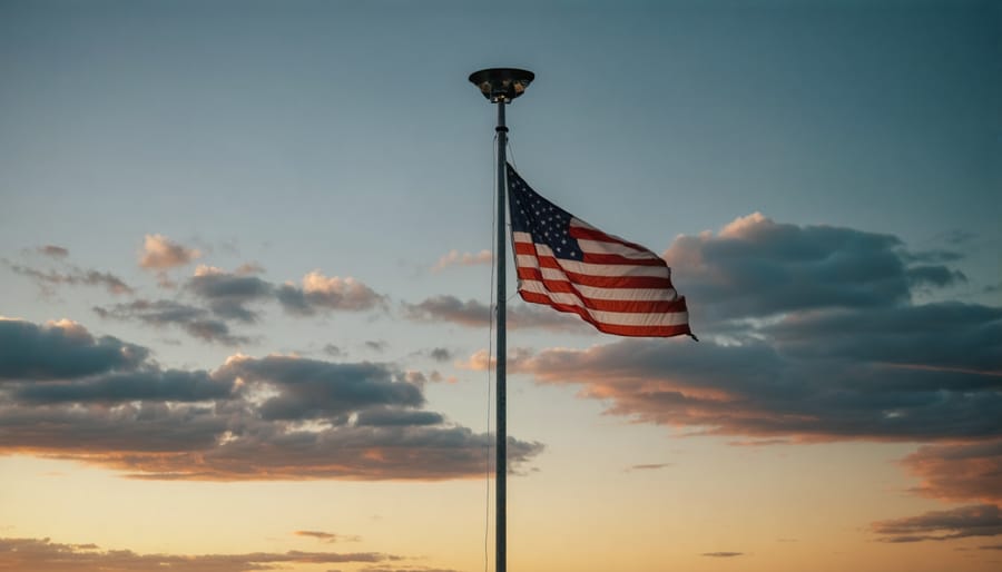 American flag on telescoping flagpole in dim twilight showing inadequate lighting