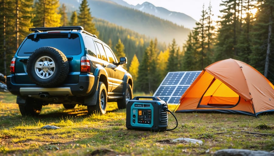 Quiet inverter generator positioned behind an SUV at a forest campsite, with an orange dome tent and foldable solar panels nearby in warm golden hour light, trees and mountains softly blurred in the background.