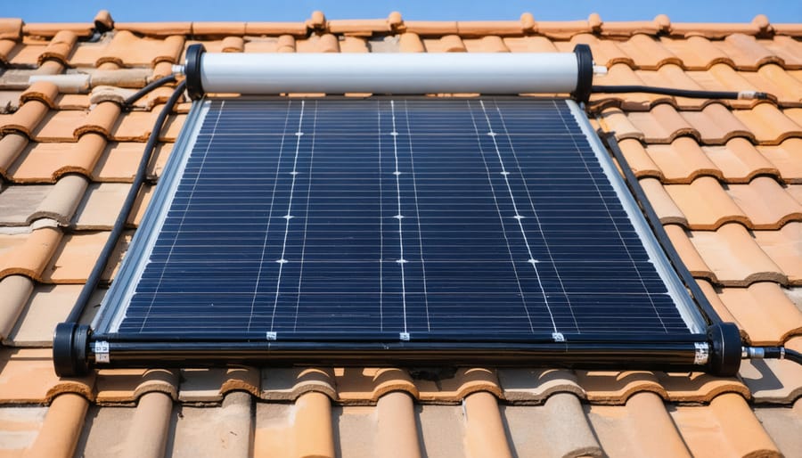 Aerial view of black hose solar pool heater installed on residential roof