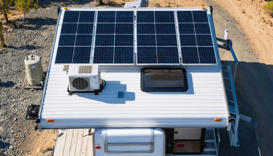 Elevated view of a white RV parked off-grid with rooftop solar panels and a rooftop air conditioner, lit by warm sunset light, with desert scrub and distant mountains in the background.