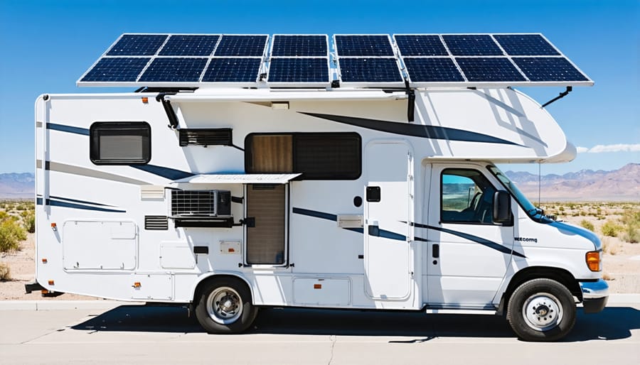 RV rooftop air conditioner unit with solar panels in background