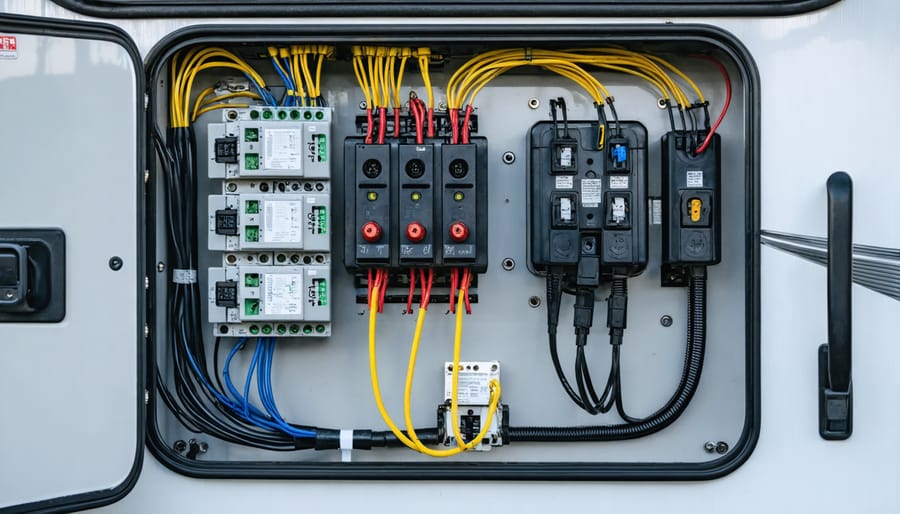 RV electrical distribution panel showing circuit breakers and wiring connections
