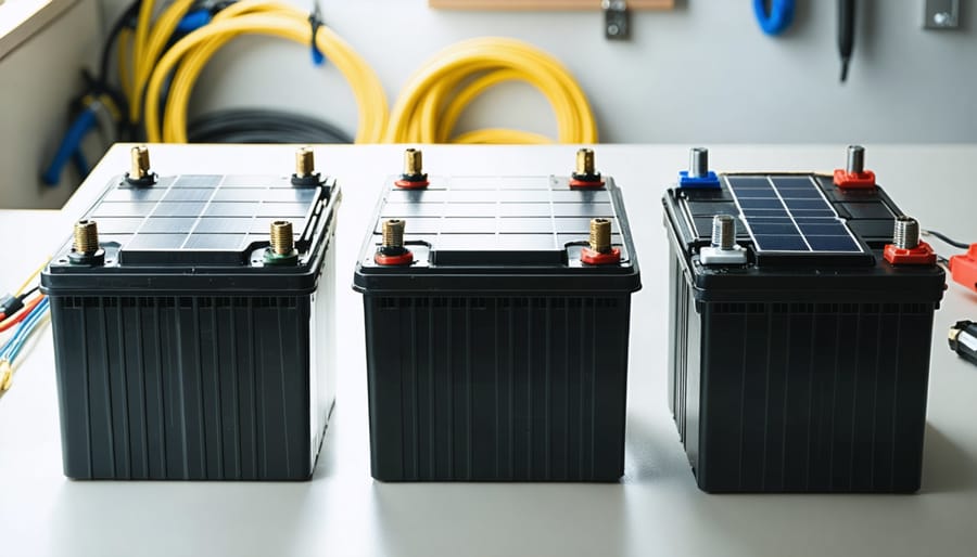 Assorted unbranded solar batteries—LiFePO4, AGM, and lead-acid—neatly arranged on a workshop bench with coiled cables, side-lit by natural daylight, with blurred solar panels and tools in the background.