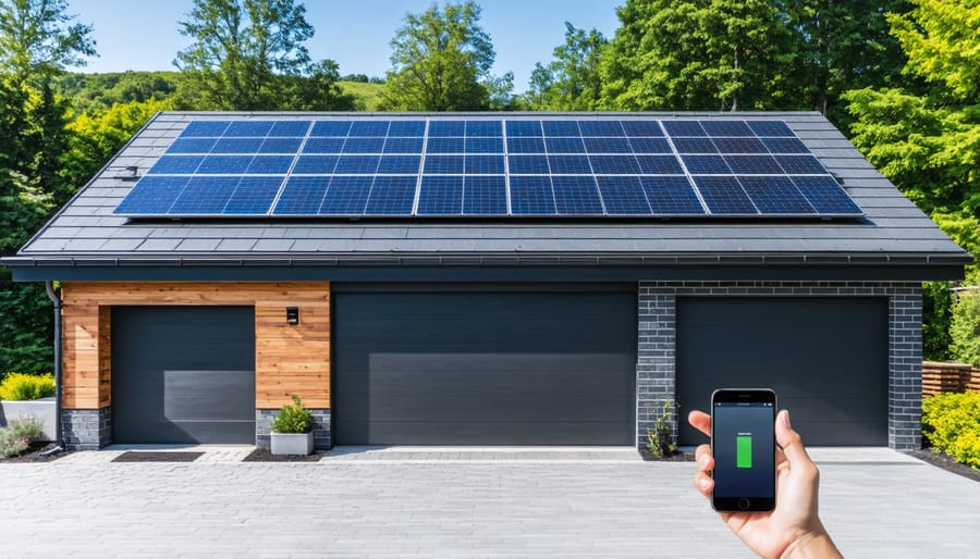 Person monitoring solar battery system performance on smartphone with wall-mounted batteries in background