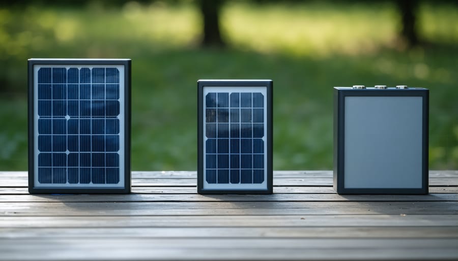 Various solar batteries of different sizes and types arranged on workbench