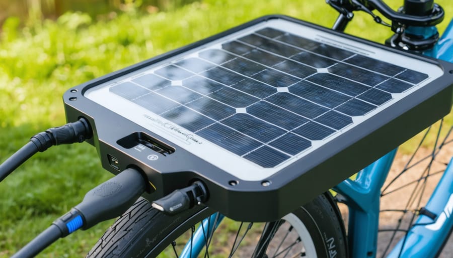 E-bike being charged by portable solar panel array outdoors