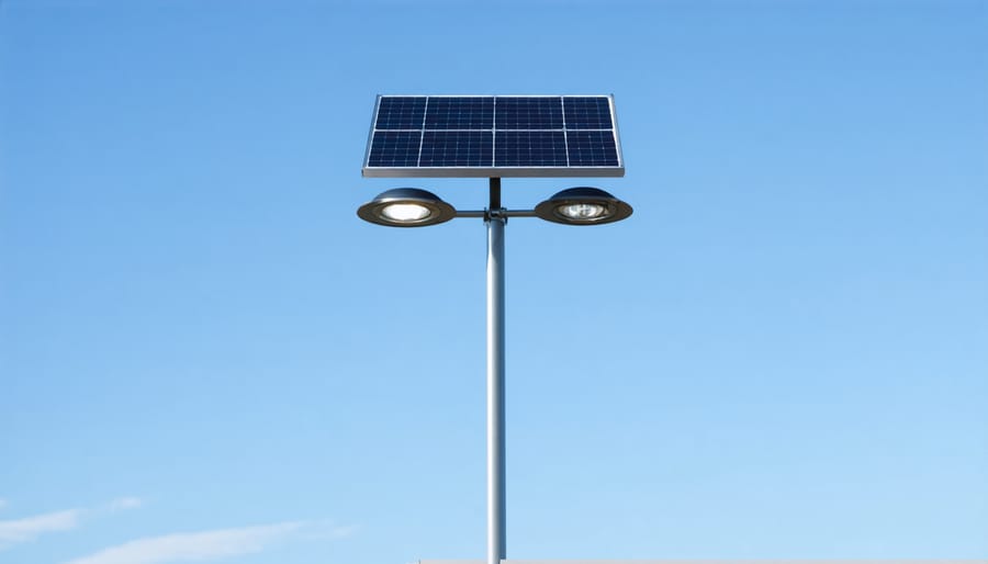 Close-up of solar flagpole light showing solar panel and LED components