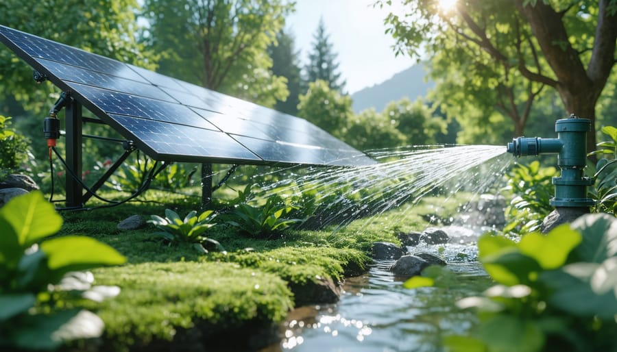 Solar panel connected to water pump in vegetable garden with raised beds