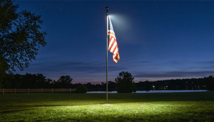 Brightly illuminated American flag on telescoping flagpole at night using solar lighting