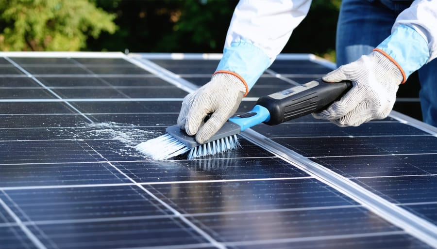 Gloved hand cleaning dusty rooftop solar panels with a soft-bristle brush and water rinse under soft morning light, with suburban rooftops and trees blurred in the background