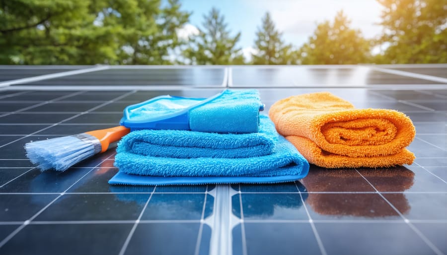 Solar panel cleaning supplies including soft brush, squeegee, microfiber cloths, and water bottle arranged on deck