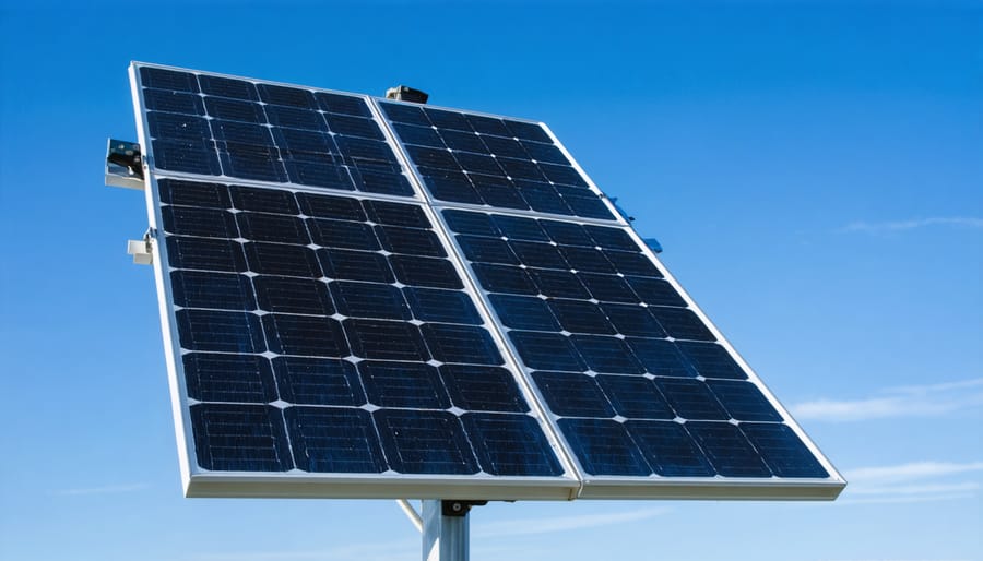 Portable solar panel positioned in sunlight at campsite for optimal charging performance