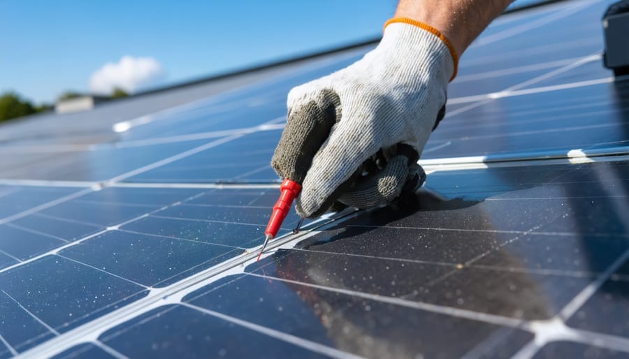 Gloved hand using red and black electrical probes to test a dusty rooftop solar panel under bright midday sun, with a subtle film of dust visible; blurred roofline and clear blue sky in the background.