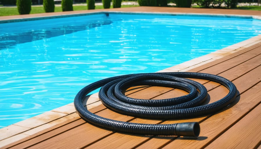 Coiled black garden hose connected to a residential swimming pool on a sunny deck, with bright blue water and a softly blurred backyard and pool ladder in the background.