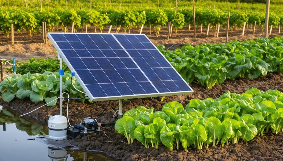 Compact solar panel connected to a small pump and elevated water tank, delivering drip irrigation to raised vegetable beds in a backyard garden at golden hour.