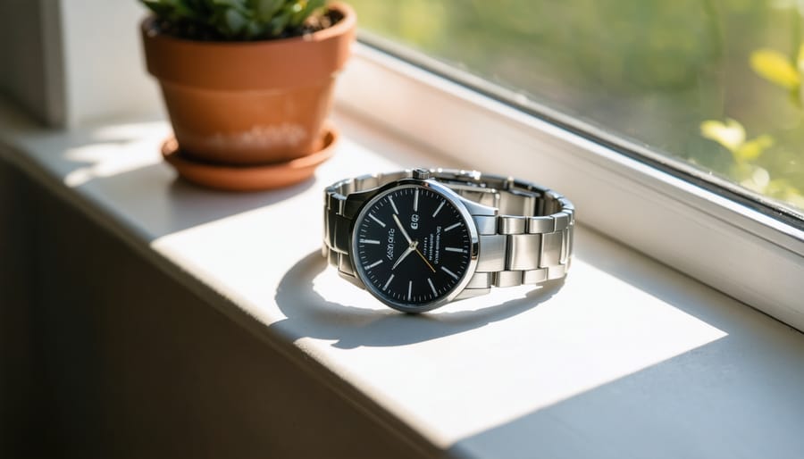 Close-up at a 45-degree angle of a stainless steel solar-powered wristwatch on a sunlit windowsill, dial illuminated by side light, with a blurred window frame, houseplant, closed faucet, and microfiber cleaning cloth in the background.