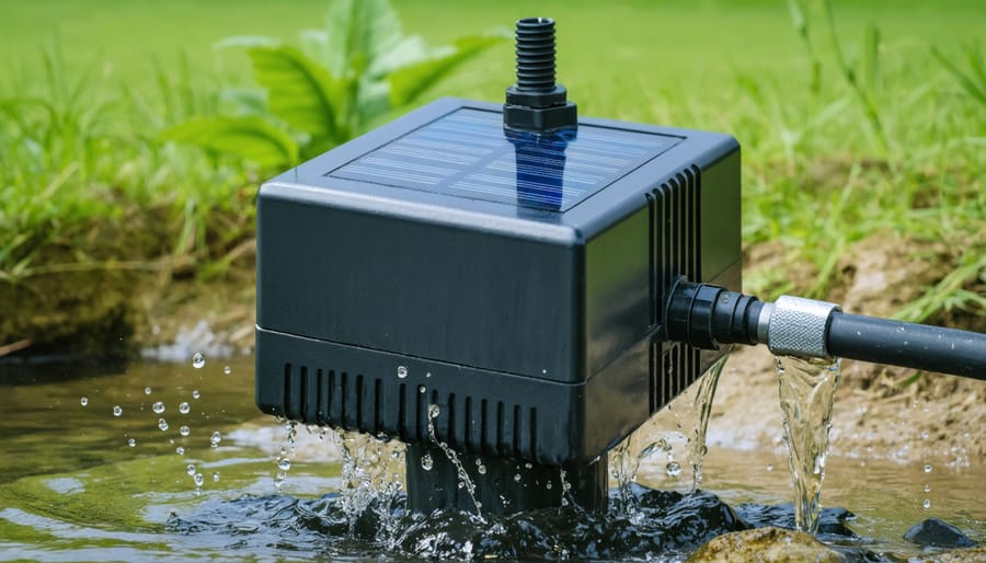 Submersible water pump in clear water with cables and tubing connections