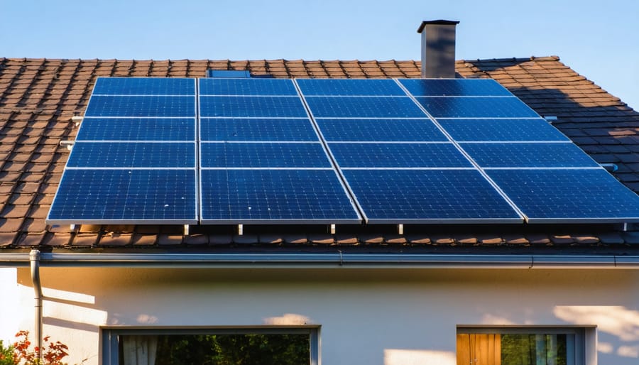 Low-angle view of blue solar panels on a modern home roof in golden-hour light, with a softly blurred inverter box and utility meter on the house wall and trees in the background.
