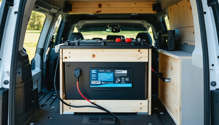 Solar battery installed in wooden cabinet inside camper van with visible mounting and cable connections