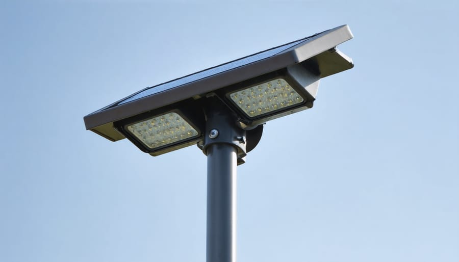 Water droplets visible inside solar light housing showing weatherproofing failure