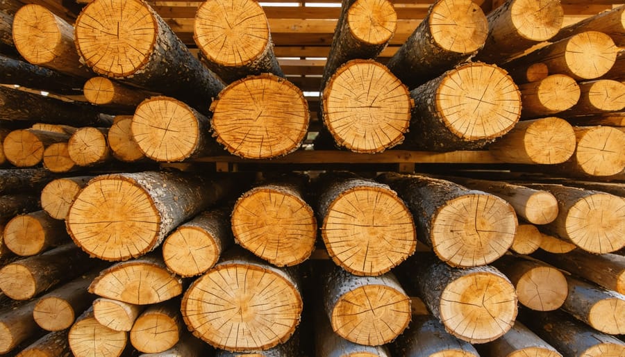 Stacked hardwood lumber inside solar kiln with moisture meter on top
