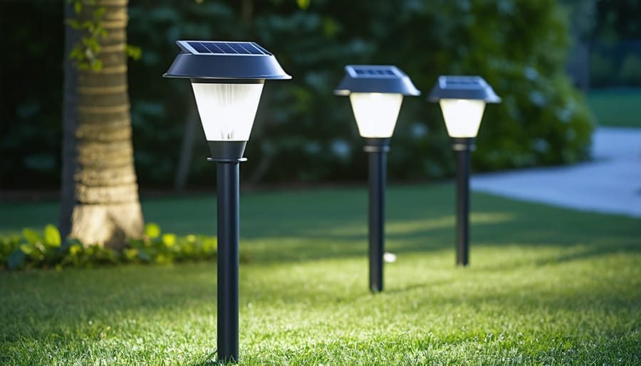 Hampton Bay solar pathway lights illuminated along garden path at dusk