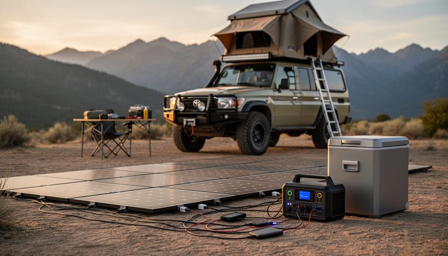 Camping setup with solar panels powering refrigerator and lights at sunset