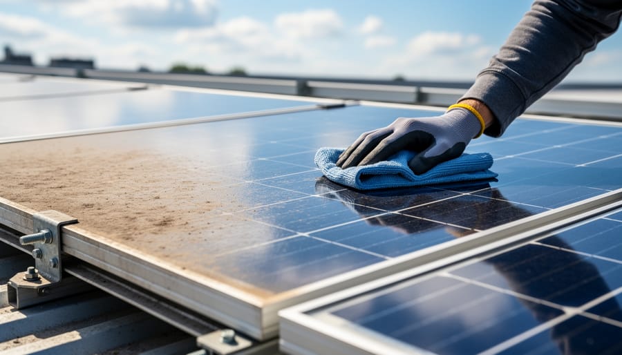 Hands cleaning dirty solar panel with microfiber cloth showing maintenance technique