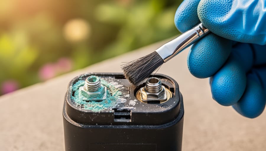 Corroded battery terminals with green oxidation next to clean terminals showing repair need