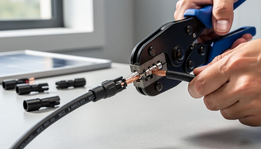 Hands crimping MC4 connector onto 8 AWG solar wire using professional crimping tool