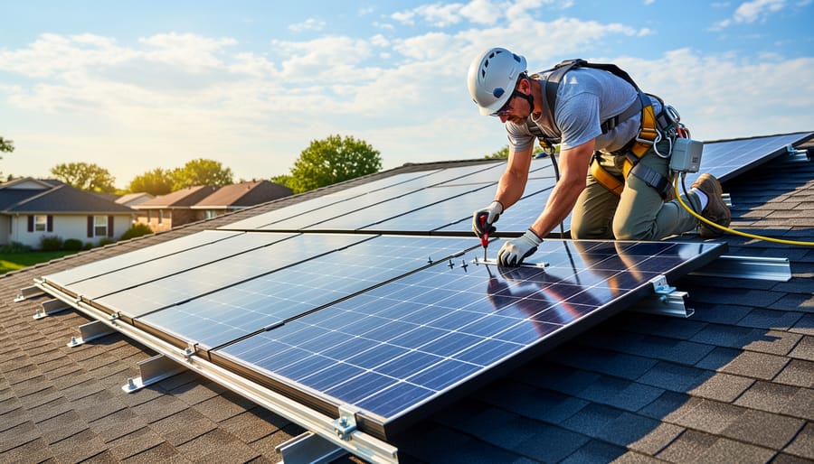 Close-up of hands installing solar panel mounting hardware on residential roof