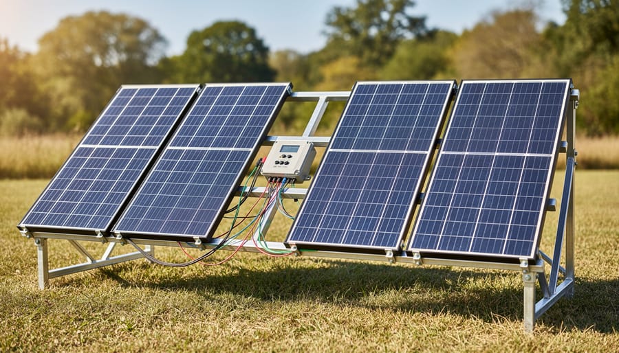 Four solar panels arranged in 2x2 configuration showing wiring connections