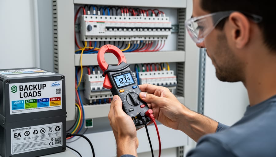 Hands using digital clamp meter to measure electrical current on wire