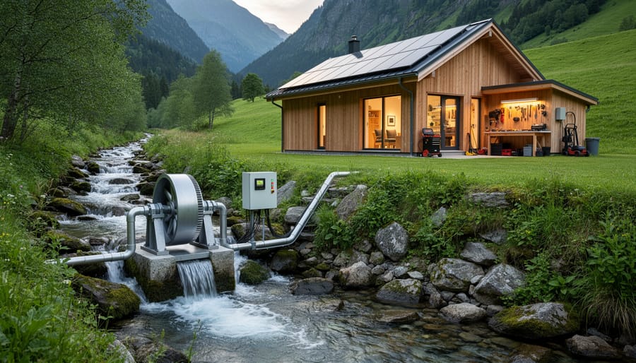 Small hydroelectric turbine installed in natural creek with flowing water