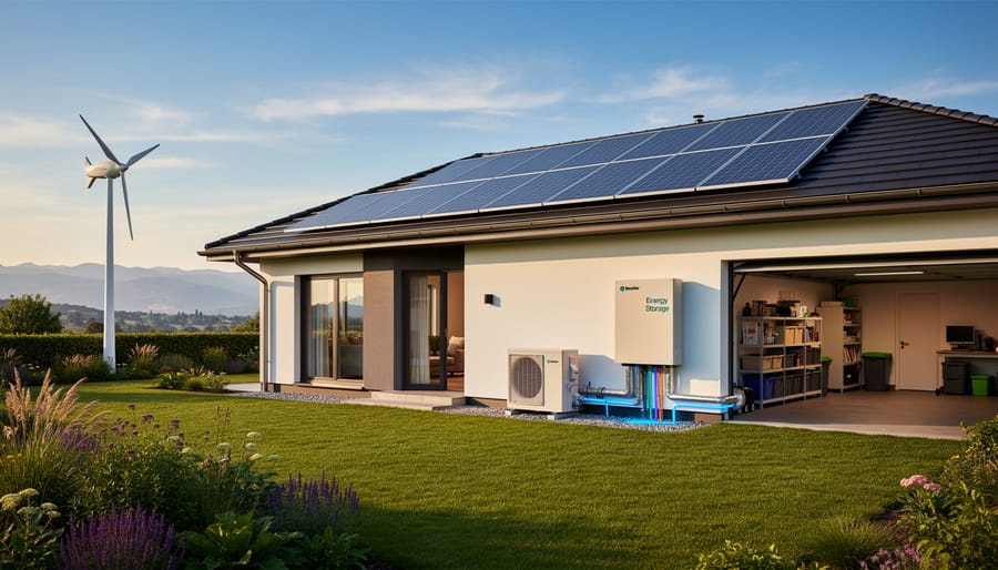 Homeowner viewing residential property equipped with multiple renewable energy systems