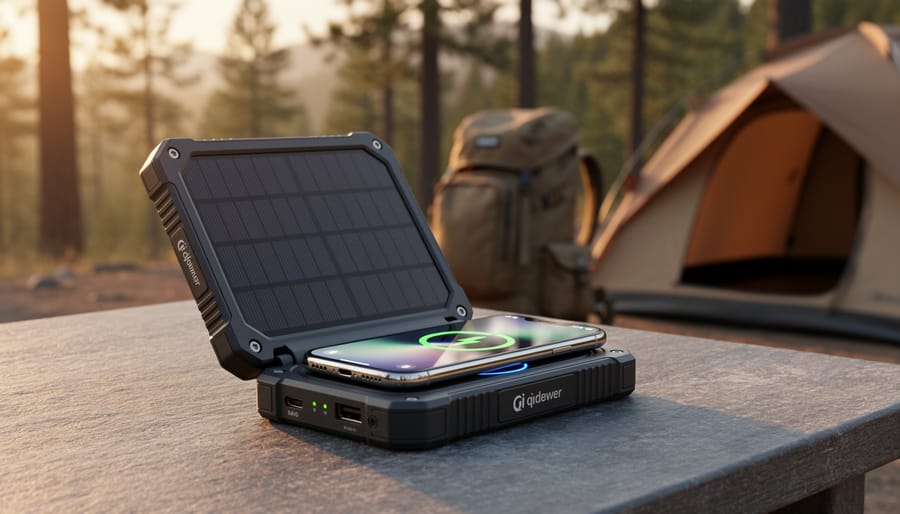 Rugged solar power bank with integrated wireless charging pad charging a smartphone on a campsite table at golden hour, solar panel angled toward sunlight, with a tent and backpack softly blurred in the background.