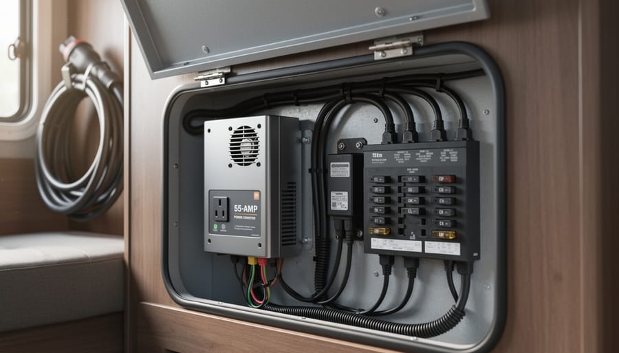 Why Your RV Battery Dies Overnight (And How a 55 Amp Converter Fixes It) Modern 55-amp RV power converter installed in an electrical compartment, wired to a house battery bank and fuse block, with cooling vents and cables visible; RV interior and shore power cord softly blurred in the background.