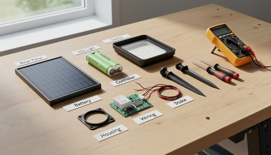 Disassembled solar light components including solar panel, battery, LED, and circuit board on workbench